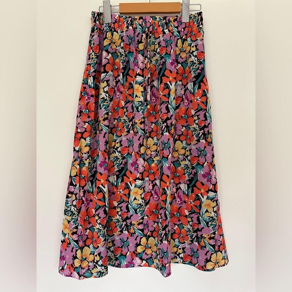 WITSMILE Floral Pleated Midi Skirt Elastic Waist A-Line with Pockets